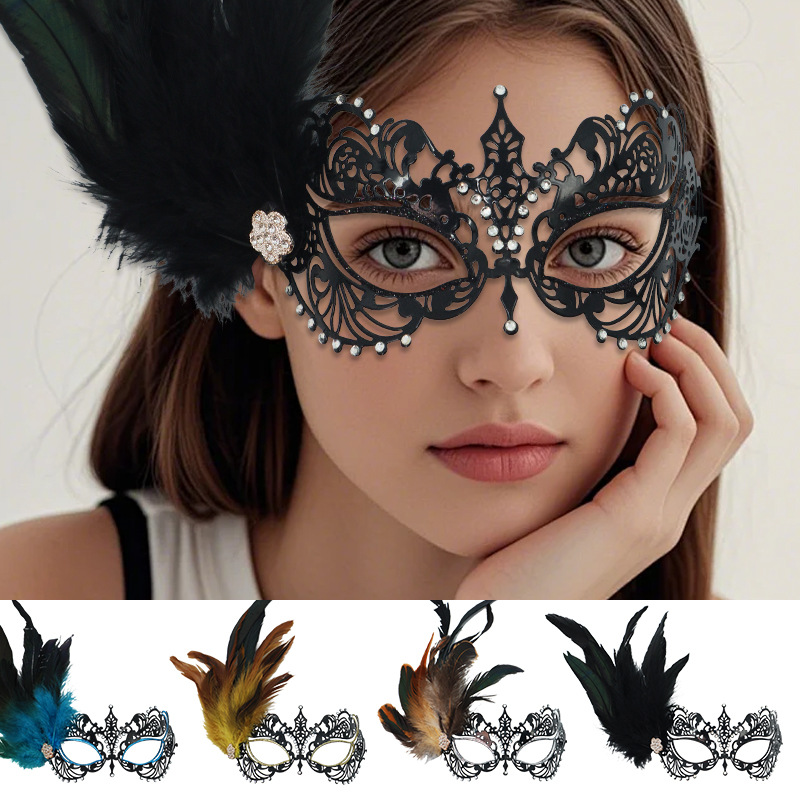 Kids Face Mask - Halloween-Halbgesichtsmaske mit glitzernden Strasssteinen, Metall-Eisen-Farbverlaufsfedern für